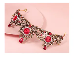 Baroque red rhinestone tiara detail, vintage alloy bridal hair accessory with sparkling gems.