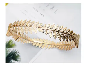 Baroque golden metal leaf crown headband, exquisite bridal hair accessory for weddings and performances.