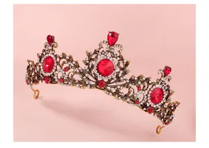 Vintage Baroque red rhinestone tiara crown alloy crystal bridal wedding hair accessories