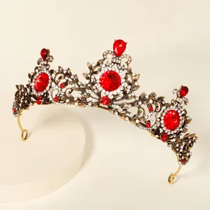 Baroque red rhinestone tiara crown vintage bridal wedding hair accessories alloy headpiece