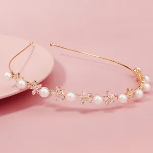 Elegantes goldenes Haarband mit Perlen und funkelnden Zirkonia Blumen für Braut Mode