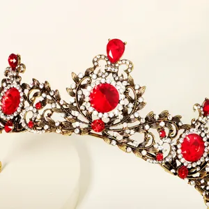 Baroque vintage red rhinestone crown bridal wedding tiara alloy crystal headpiece main view