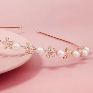 Elegantes goldenes Metall-Haarband mit glitzernden Zirkonia-Blüten und Perlen Damen.