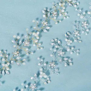 Cintura da sposa artigianale in perle e strass catena in vita con foglie di cristallo