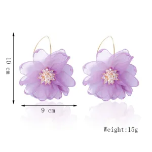 Orecchini pendenti a fiore in tessuto mesh esagerati coreani con strass, eleganti viola gocce.