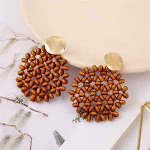 Handmade wooden bead bohemian earrings, retro geometric drop earrings for women daily wear.