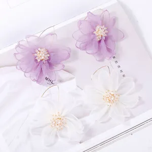 Orecchini a fiore in tessuto mesh esagerato in stile coreano, gioielli in cristallo con strass.