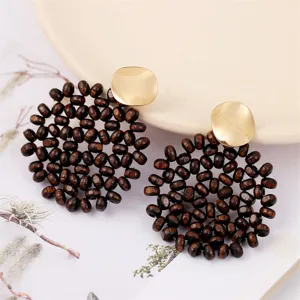 Bohemian geometric woven wooden earrings with irregular gold discs for women retro style fashion