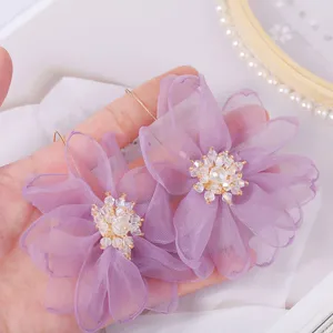 Orecchini Pendenti a Bottone in Tessuto a Rete a Forma di Fiore da Donna Eleganti Strass Stile Coreano Oversize Orecchini da Banchetto Festa Gioielli Regalo