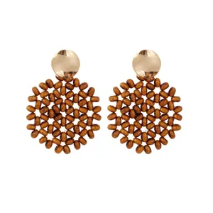 Boho wooden bead dangle earrings with gold disc geometric design for women summer fashion style.
