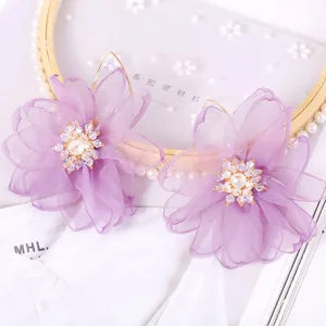 Orecchini pendenti a fiore in tulle esagerato coreano con centro in cristallo, gioielli alla moda.