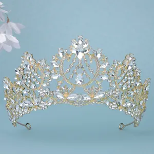 Luxe gouden strass kristal bruid tiara kroon voor huwelijk feest bal prinses haaraccessoire.