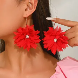 Fashion Stereoscopic Fabric Flower Earrings For Women Geometric Mesh Floral Drop Earrings With Rhinestone And Artificial Pearl Jewelry