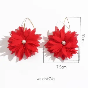 Red fabric flower earrings detail view, showing dimension size and lightweight design for women.