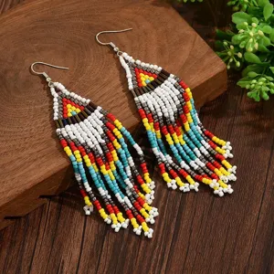 Bohemian geometric beaded long fringe earrings handmade multi-color tassel drop jewelry
