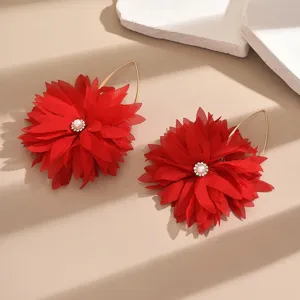 Red fabric flower earrings featuring a pearl rhinestone center and gold geometric hook for women.