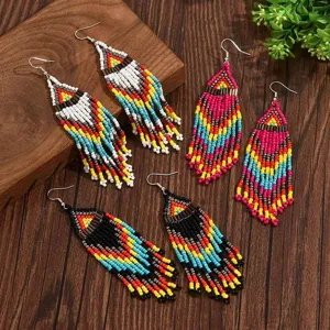 Handmade Bohemian Geometric Beaded Tassel Earrings For Women Glass Beads Long Fringe Drop Earrings Ethnic Style Jewelry