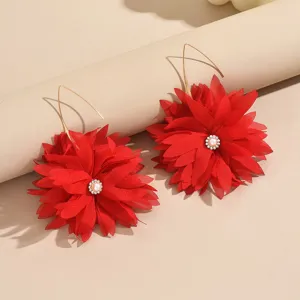 Red fabric flower earrings, oversized statement floral drop earrings with pearl center.