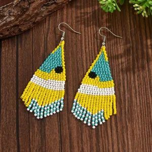 Handmade bohemian beaded fringe earrings, colorful seed bead drop earrings for women.