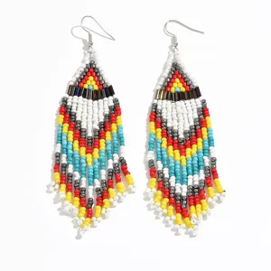 Bohemian style geometric beaded fringe earrings, handmade colorful seed bead long drop earrings.