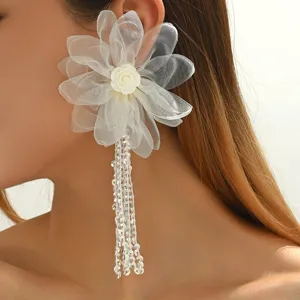 Übertriebene Spitze Stoff Blume Ohrhänger Lange Quaste Geometrische Ohrringe Trendiger Schmuck Für Damen Tägliche Party