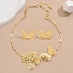 Gold-plated hollow butterfly choker necklace and earrings set elegant jewelry accessory.