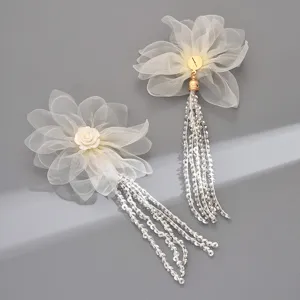 Detaillierte Nahaufnahme von weißen Mesh-Blumenohrringen mit funkelnden Perlenquasten für Damen.