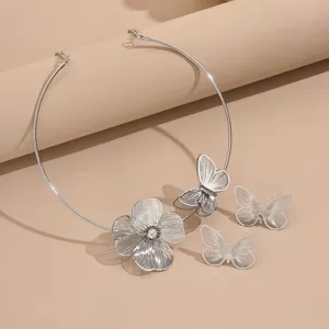 Elegant silver-tone hollow butterfly and flower choker necklace set for women fashion jewelry.