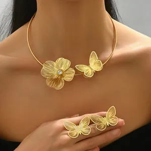 Gold filigree flower butterfly choker necklace and ring jewelry set for women fashion accessories