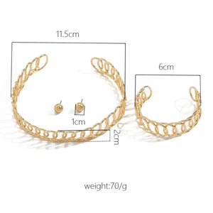 Gold metal geometric open cuff bracelet choker and stud earrings detail size dimensions