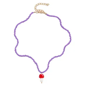 Sweet purple beaded necklace with red ceramic mushroom pendant fashion clavicle jewelry for women