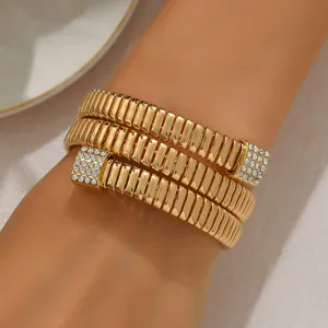 Exaggerated Multi Layer Open Bangle For Women Metallic Elastic Geometric Coil Bracelet Rhinestone Accents Luxury Fashion Hand Jewelry Gift