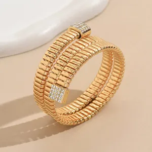 Gold multi-layer wrap bracelet for women elastic geometric rhinestone cuff jewelry detail