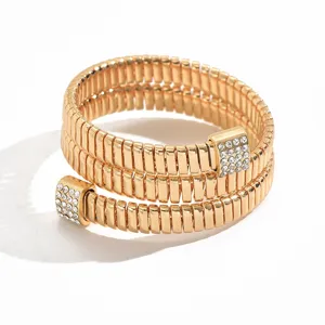 gold multi-layer spring cuff bracelet with rhinestone ends for women fashion jewelry
