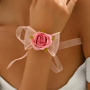 Dolce Elegante Pizzo Rosa Tessuto Rosa Fiore Braccialetto Nastro di Organza Fiocco Fatto a Mano Mano Polso Corsage Gioielli Lungo Cordino Polsino Donna Accessorio