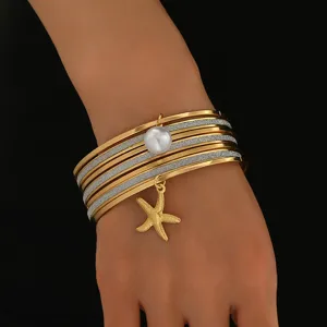 Ensemble de Bracelets Bohémiens Géométriques Étoile de Mer Perle Artificielle pour Femmes Bijoux en Fer Or Argent Strass