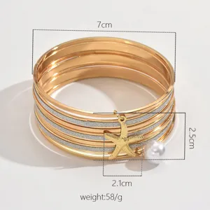 Set de 7 bracelets multi-couches dorés avec pendentif étoile de mer et perle
