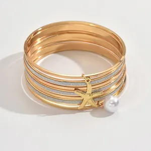 Ensemble de bracelets joncs multicouches dorés avec perle et pendentif étoile de mer femme