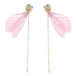 Orecchini pendenti rosa con ali strass fiocco catena lunga gioielli eleganti donna