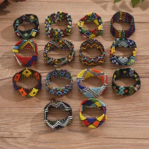 Bohemian handmade seed bead flower bracelet for women, trendy niche woven beaded jewelry set.