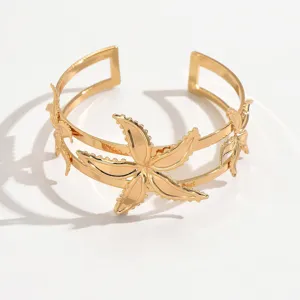 Gold-plated starfish open cuff bracelet for women, geometric beach armlet jewelry.