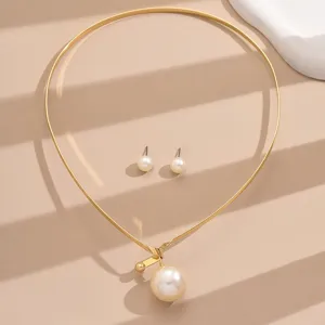 Elegant pearl necklace and earrings set, trendy geometric gold metal design for women jewelry.