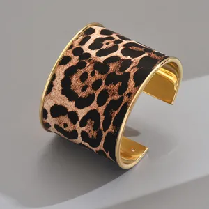 Exaggerated geometric open wide leopard print cuff bracelet, plush winter bracelet.