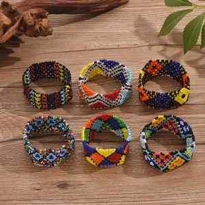 Bohemian handmade colorful seed bead woven bracelet detailed view showing geometric patterns.