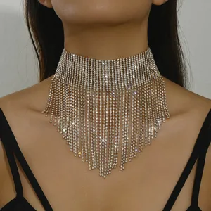 Lussuosa Collana Con Frange e Nappe in Strass Per Donna Oro Argento Lega Choker Statement Grandi Dimensioni Gioielli Per Banchetto e Festa