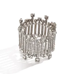 Elegant silver rhinestone stretch wide bracelet for women sparkling crystal bangle jewelry
