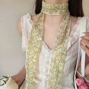 Bufanda larga y estrecha con estampado floral amarillo para mujer, lazo versátil.
