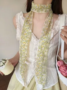 Bufanda de seda larga y estrecha con estampado floral amarillo estilo coreano para mujeres.