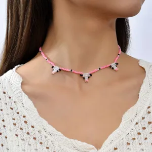 Bohemian Handmade Glass Seed Bead Cow Choker Necklace For Women Sweet Pink White Geometric Animal Alloy Pendant Choker Collar Jewelry