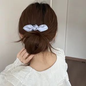 Hellblaue Satin Schleife Haarklammer Accessoire getragen auf einem Dutt fuer Damen taeglich.